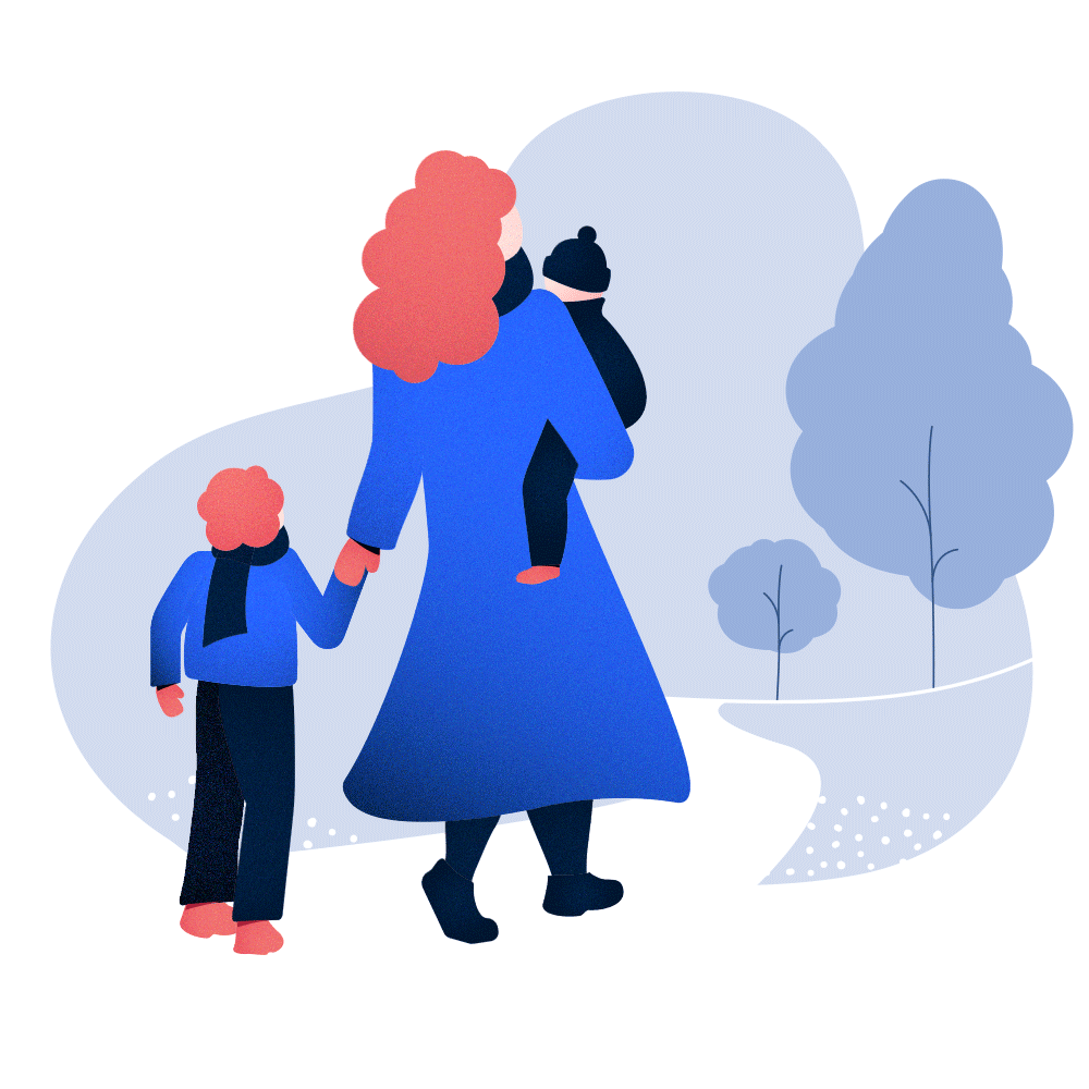 Drawing of walking toddler and mother carrying baby