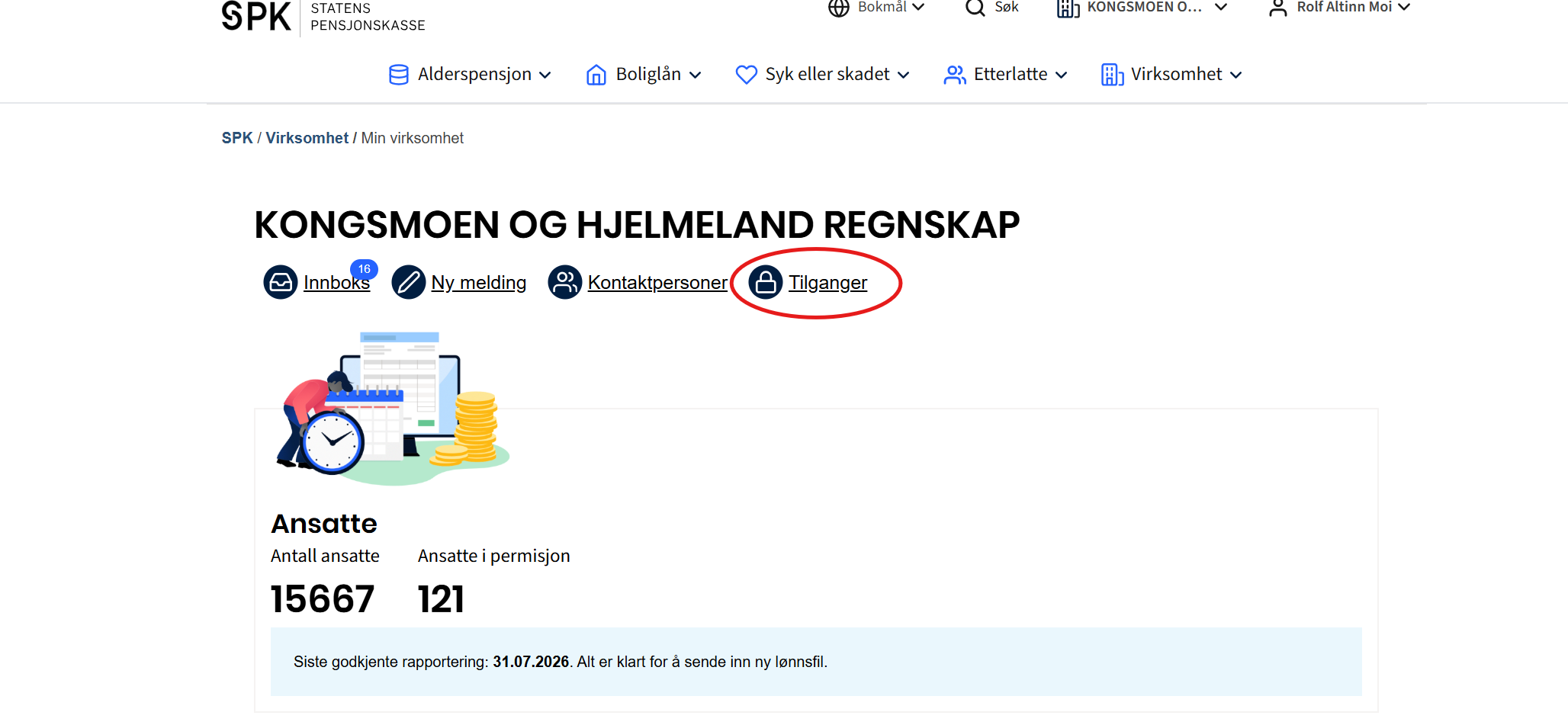 Skjermdump fra forsiden av min virksomhet. Ringet rundt tilganger symbolet